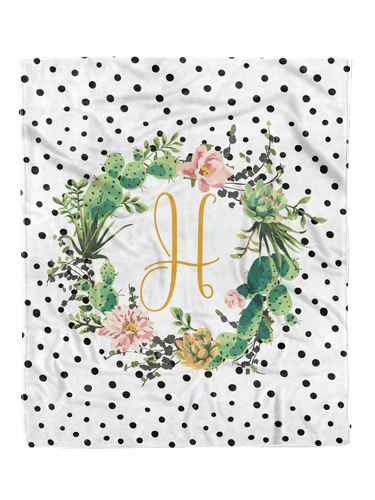 Cacti Wreath Inital Custom Minky Blanket - Elevated Boutique CO