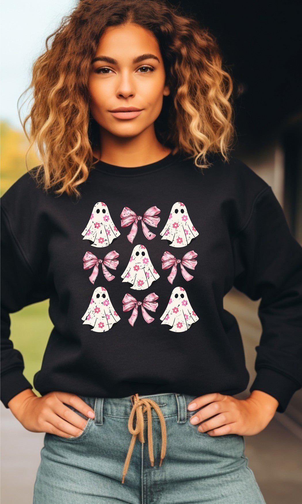 Halloween Flower Ghost Pink Coquette Graphic Sweatshirt | Multiple Colors - Elevated Boutique CO