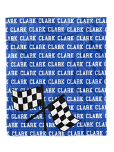 Load image into Gallery viewer, Racing Flag Name Repeat Custom Minky Blanket *Multiple Colors* - Elevated Boutique CO
