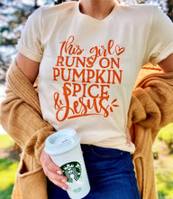 Load image into Gallery viewer, This Girl runs on Pumpkin Spice and Jesus Graphic Tee | Multiple Colors - Elevated Boutique CO
